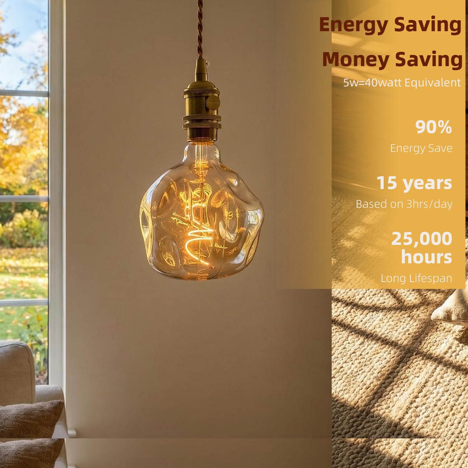 G125 Large Oversized LED Edison Bulb,5 Watt 400 Lumens 2200k Warm Yellow Unique Light Bulbs,Amber Glass E26 Base Huge Globe Vintage Decorative Dimmable Light For Bedroom Living Room Bar Cafe,1Pack