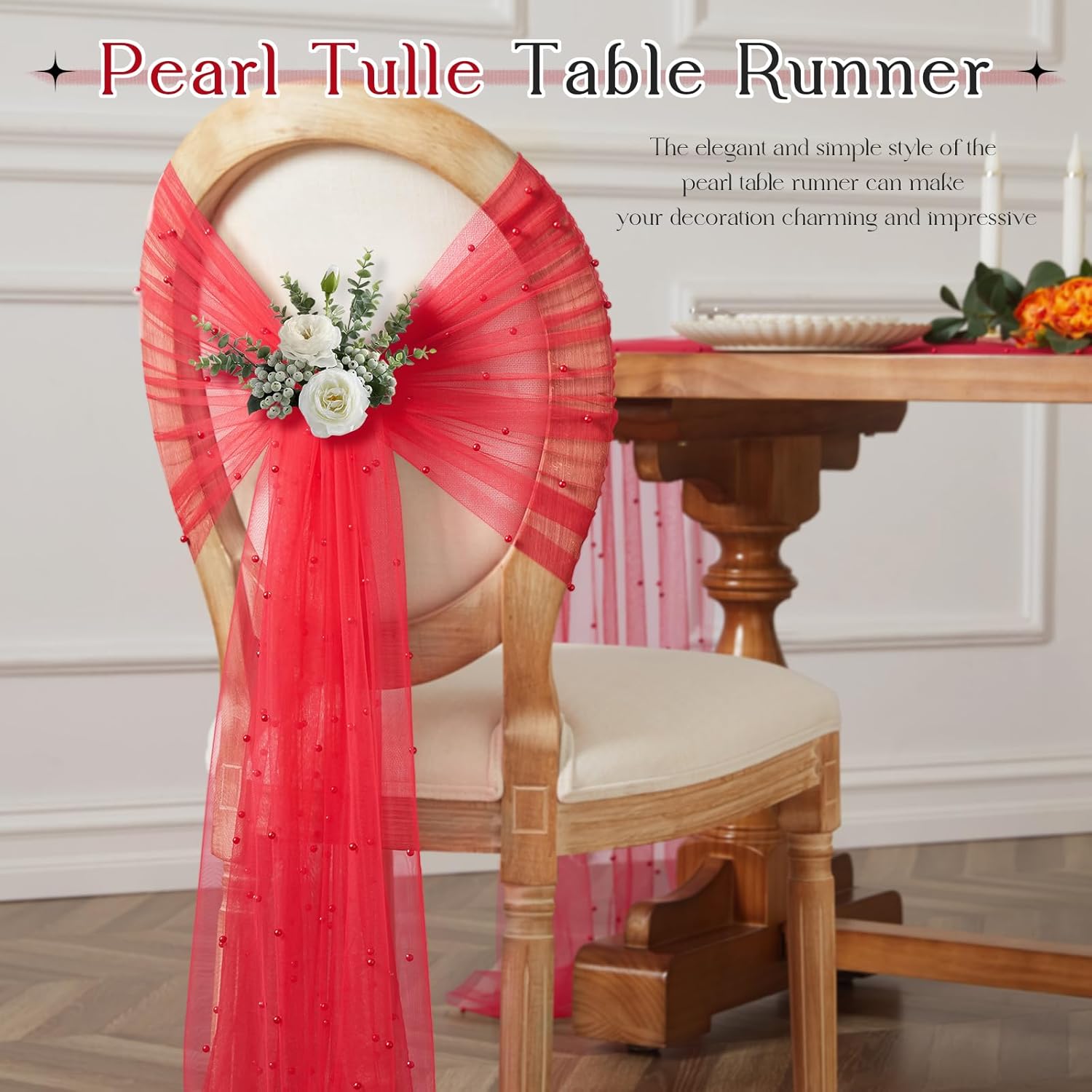 TREELY 6 Pcs Red Pearl Table Runner 10 Ft Tulle Fabric Lace Table Runner for Wedding Arch Veil Dessert Birthday Party Bridal Shower Decor 29.5x120 Inches