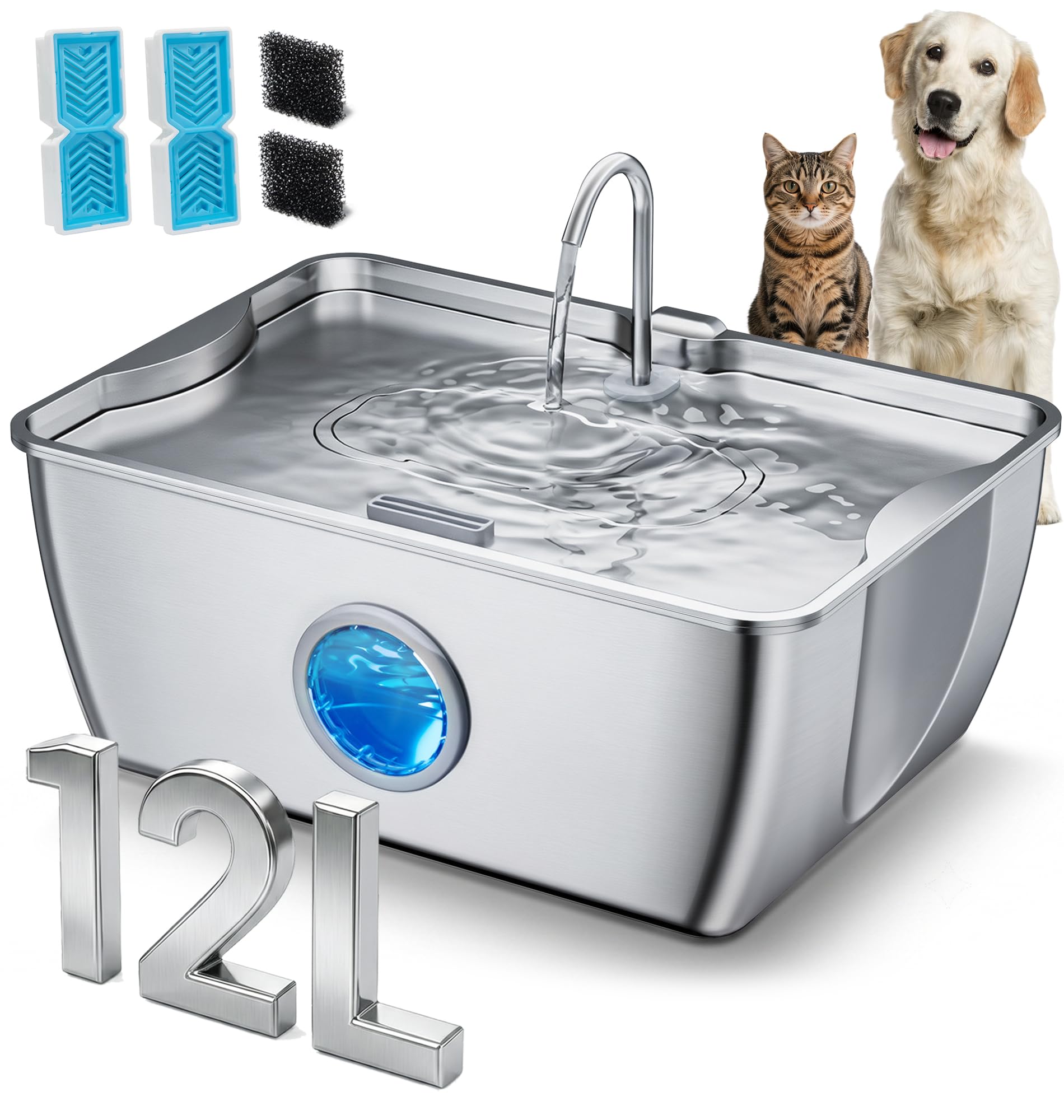 CEESC Fuente de agua para perros de acero inoxidable de 12L/3.2 galones con asas fáciles de transportar, dispensador automático de agua para mascotas con ventana visible y luz LED para perros grandes