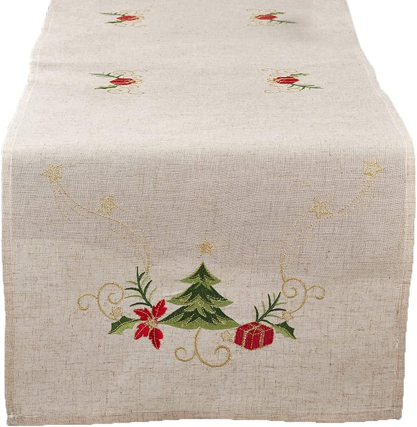 Fennco Styles Embroidered Christmas Tree Design Holiday Linen Blend Table Runner 16" W x 54" L