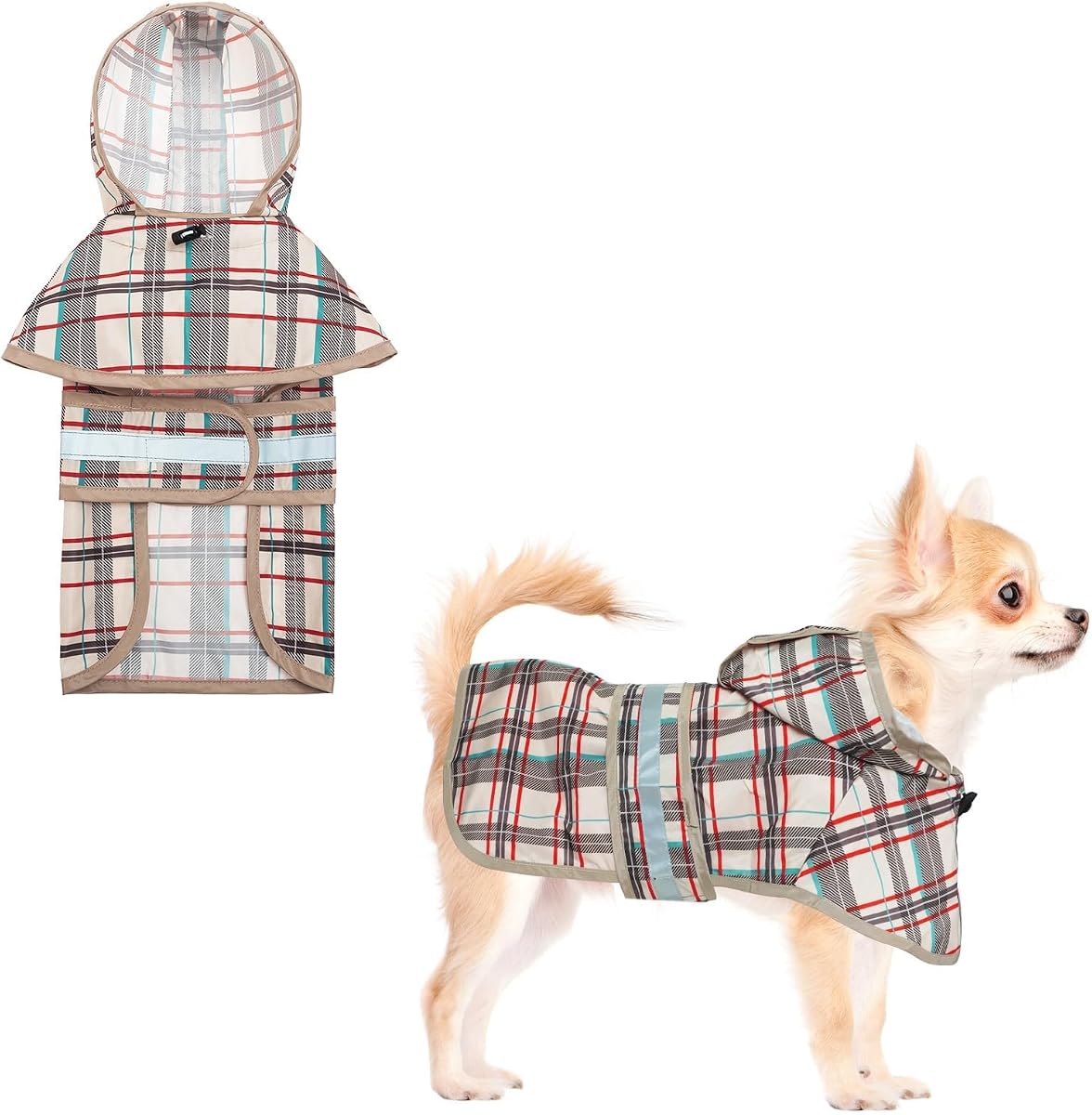 KOOLTAIL Dog Raincoat Hooded Slicker Poncho with Leash Hole, Raincoat for Small Medium Dogs, Waterproof Doggie Rain Jacket with Reflective Strip, Adjustable Breathable Plaid Puppy Rainwear-Beige XS