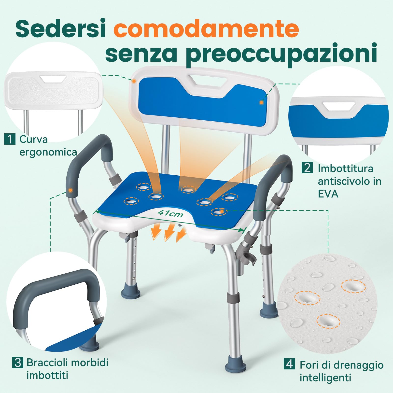 Sedia Doccia Regolabile con Braccioli – Sedile Doccia Antiscivolo a Forma di U con Schienale e Braccioli Imbottiti, Sgabello da Bagno Leggero per Anziani, Disabili e Recupero