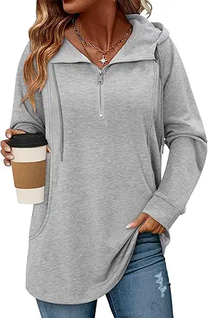 onlypuff Women Hoodie Pullover Trendy Quarter Zipper Lapel Sweatshirts Drawstring Cute Hooded Tunic Tops with Side Pockets