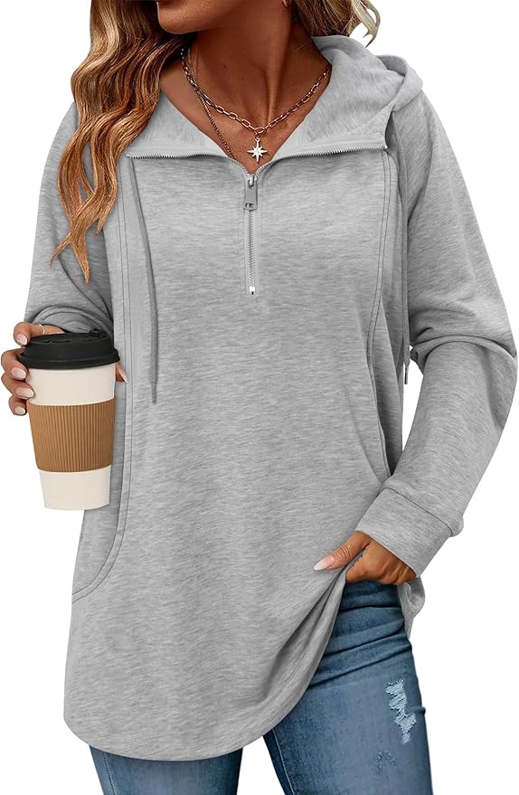 onlypuff Women Hoodie Pullover Trendy Quarter Zipper Lapel Sweatshirts Drawstring Cute Hooded Tunic Tops with Side Pockets