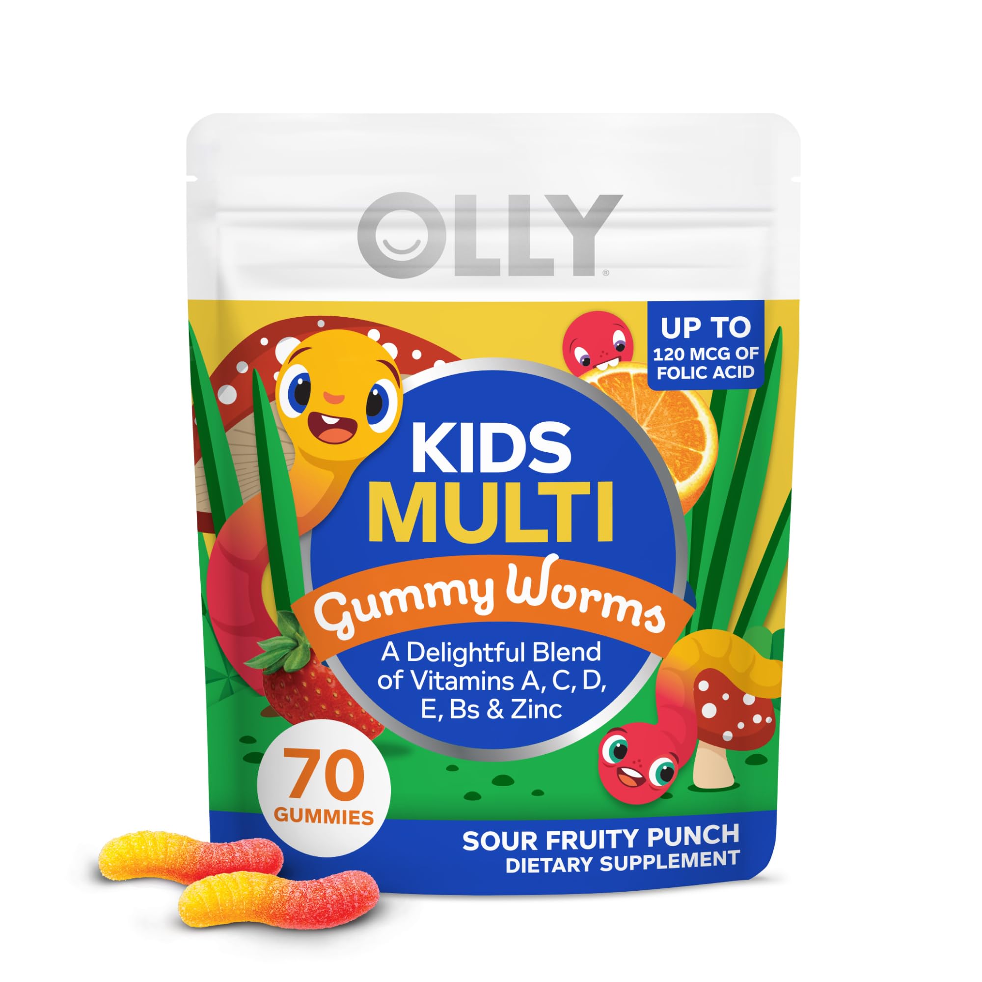 Kids Multivitamin Gummy Worms, Overall Health and Immune Support, Vitamins and Minerals A, C, D, E, Bs and Zinc, Chewable Supplement, Sour Fruit Punch, 45 Day Supply - 70 Count