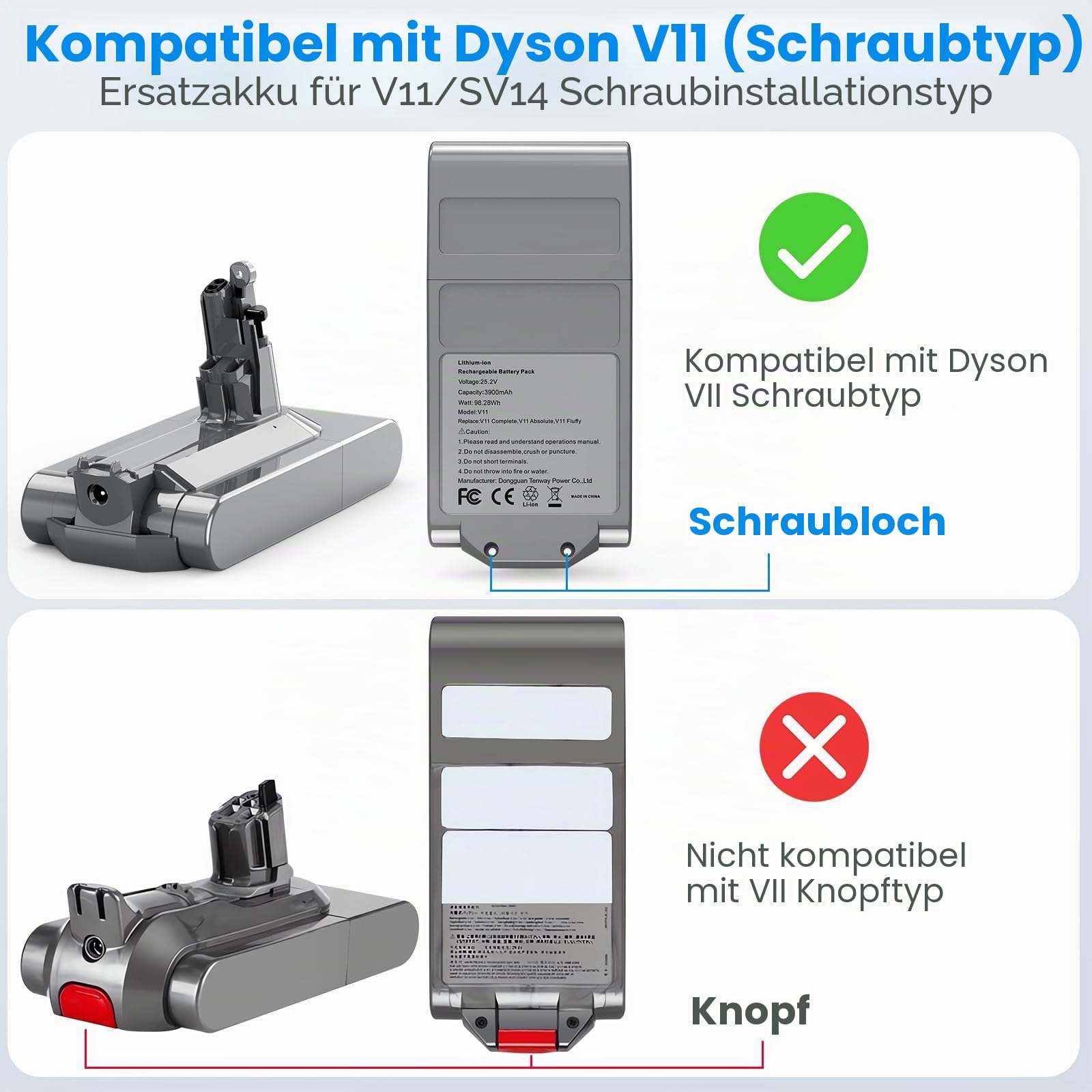 LabTEC V11 Li-Ionen-Akku für Dyson, 25,2 V 3900 mAh Ersatzakku für V11 (Schraubtyp) SV14 Absolute kabelloser Staubsauger mit LED + Filter + Bürste + Schraube (passt Nicht für Modelle mit Knopf)