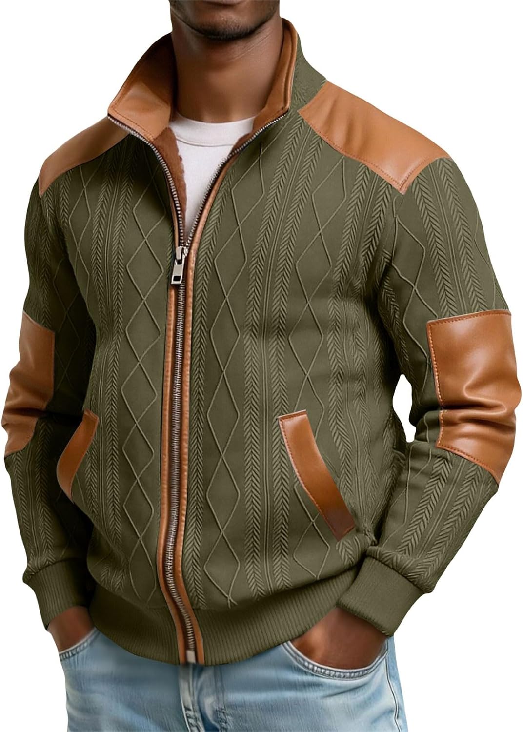 Sherpa Lined Jacket Men Vintage Textured Patchwork Jacket Full Zip Long Sleeve Sweatshirt Western Cowboy Winter Coat