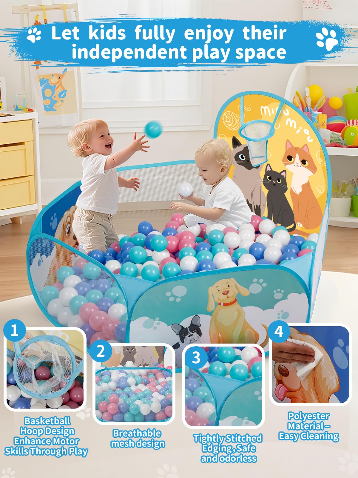 ZimiTeda Cat & Dog Kids Ball Pit for Toddler with Basketball Hoop Foldable Pop-Up Baby Ball Pool for Girls Boys Indoor & Outdoor Game 47.24"/120cm Wide Plyahouse Tent (Balls NOT Included) - Image 3
