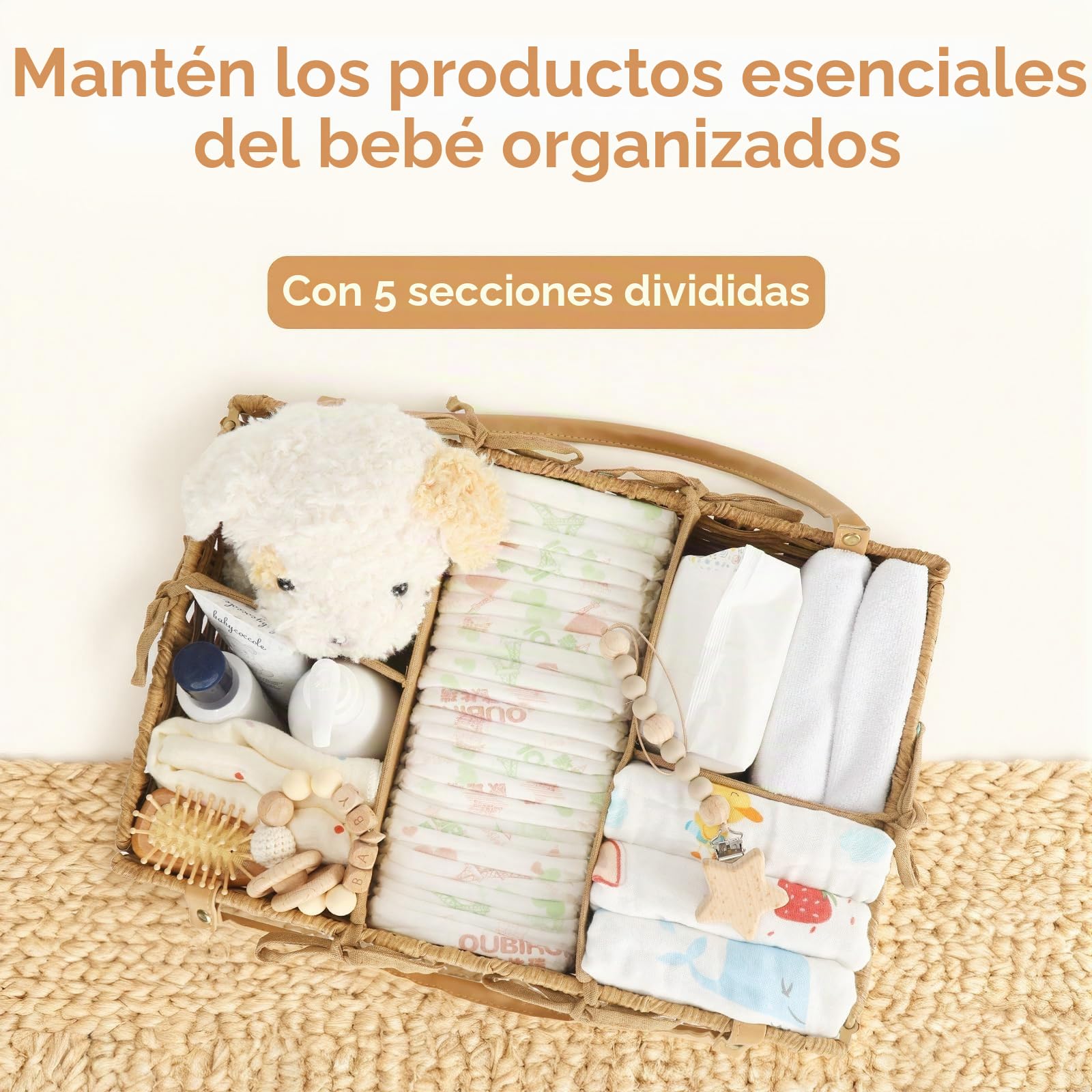 Organizador de Pañales, Cesta de Ratán PE Tejida a Mano para Bebé, Almacenamiento de Artículos de Bebé
