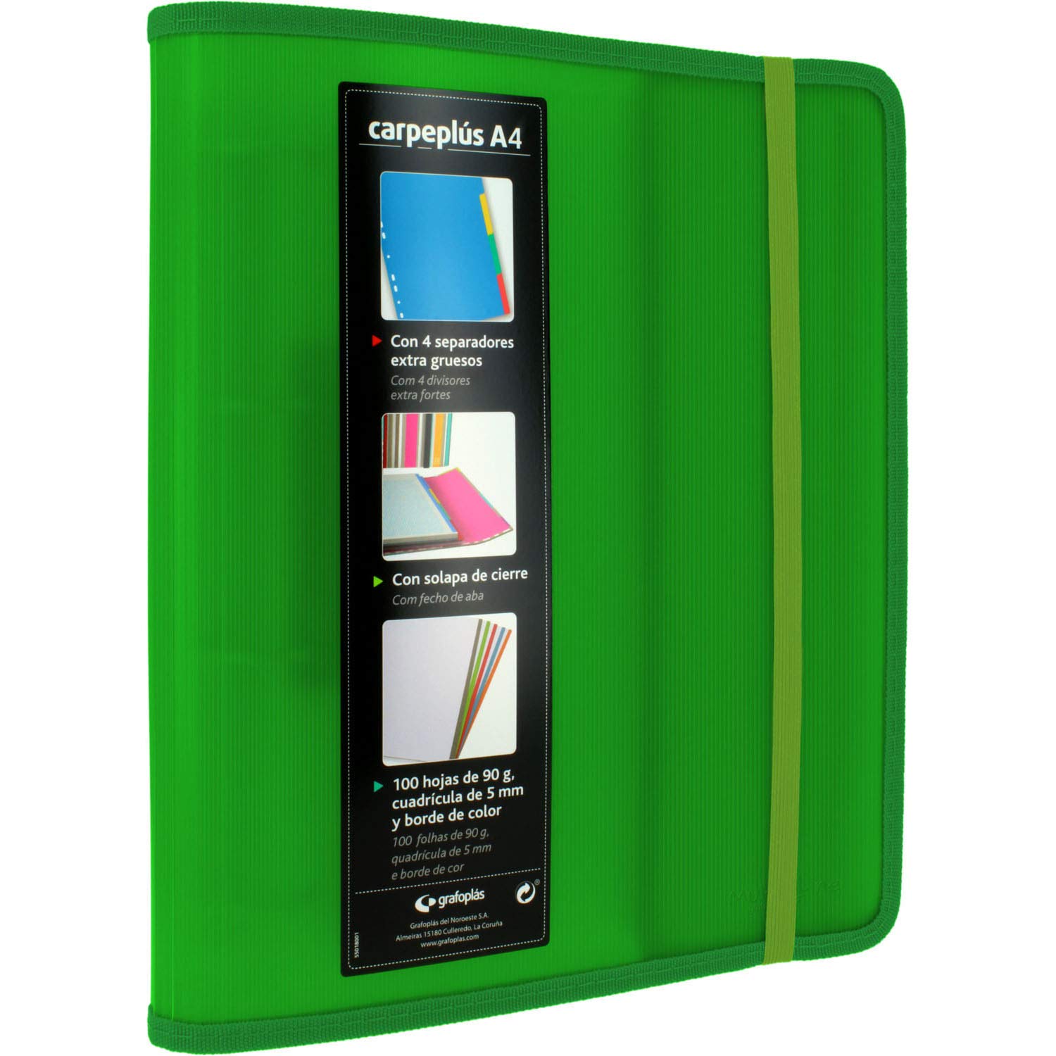 88200020 4 Ring Folder Folder, A4, Green, Polypropylene, with Side Flap, 100 Sheets, Separators and Transparent Envelope, Multiline.