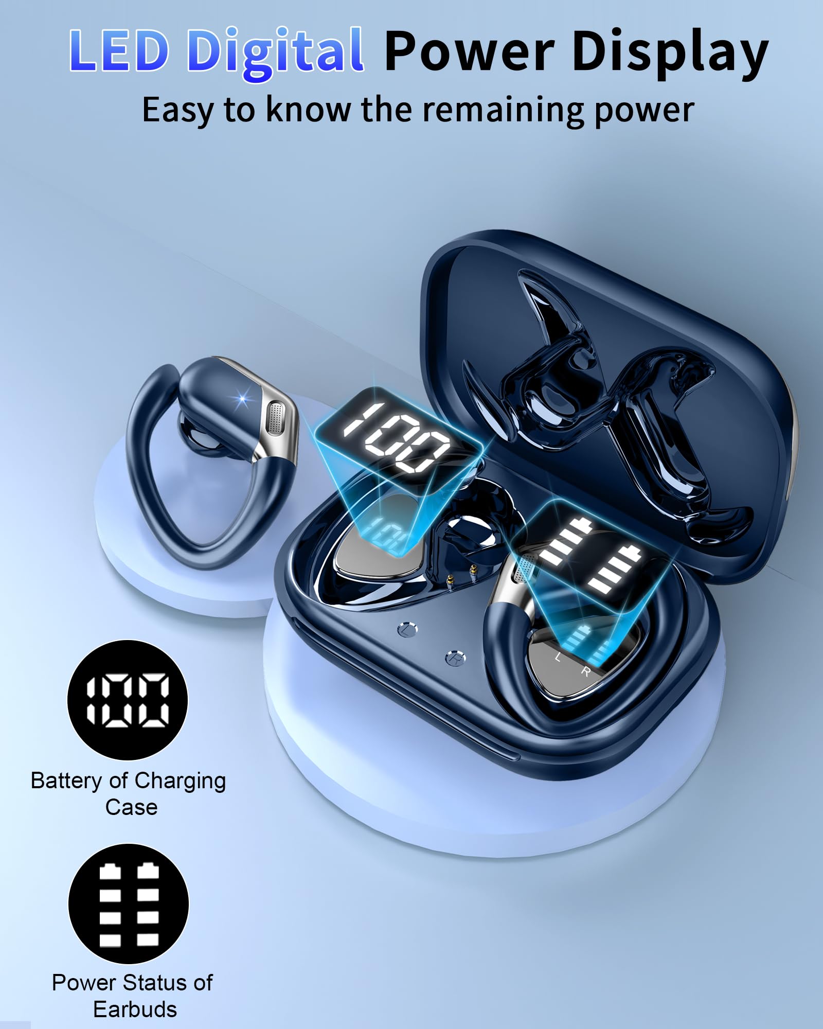 Oordopjes Draadloos, Draadloze Bluetooth 5.4 Hoofdtelefoon, Hifi Surround Sound, 50 uur Vermogen, Wireless Earbuds met Ruisonderdrukking, Led-display, IPX7 Waterbestendig, Donkerblauw