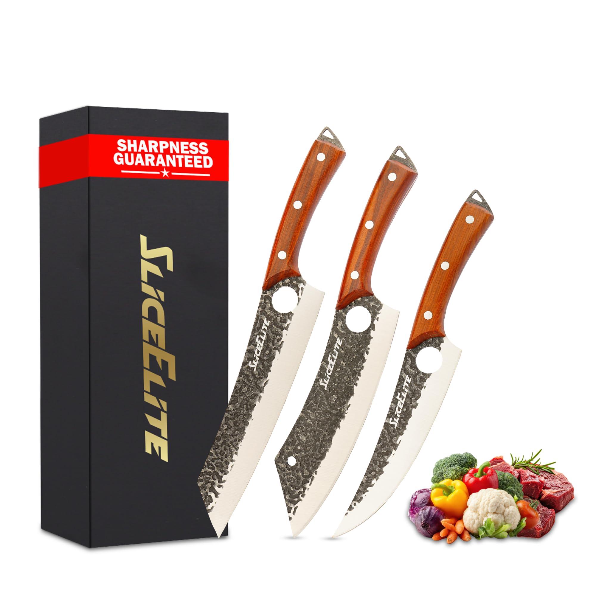 SliceElite Hand-Forged Professional Butcher Knife (3 PC PREP KNIFE SET W/SANDSLWOOD HANDLES)
