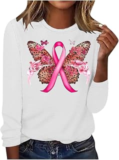 Pink Breast Cancer Awareness Shirts for Women Loose Casual Butterfly Print Graphic Tee Loose Fit Awareness Sweatshirt
