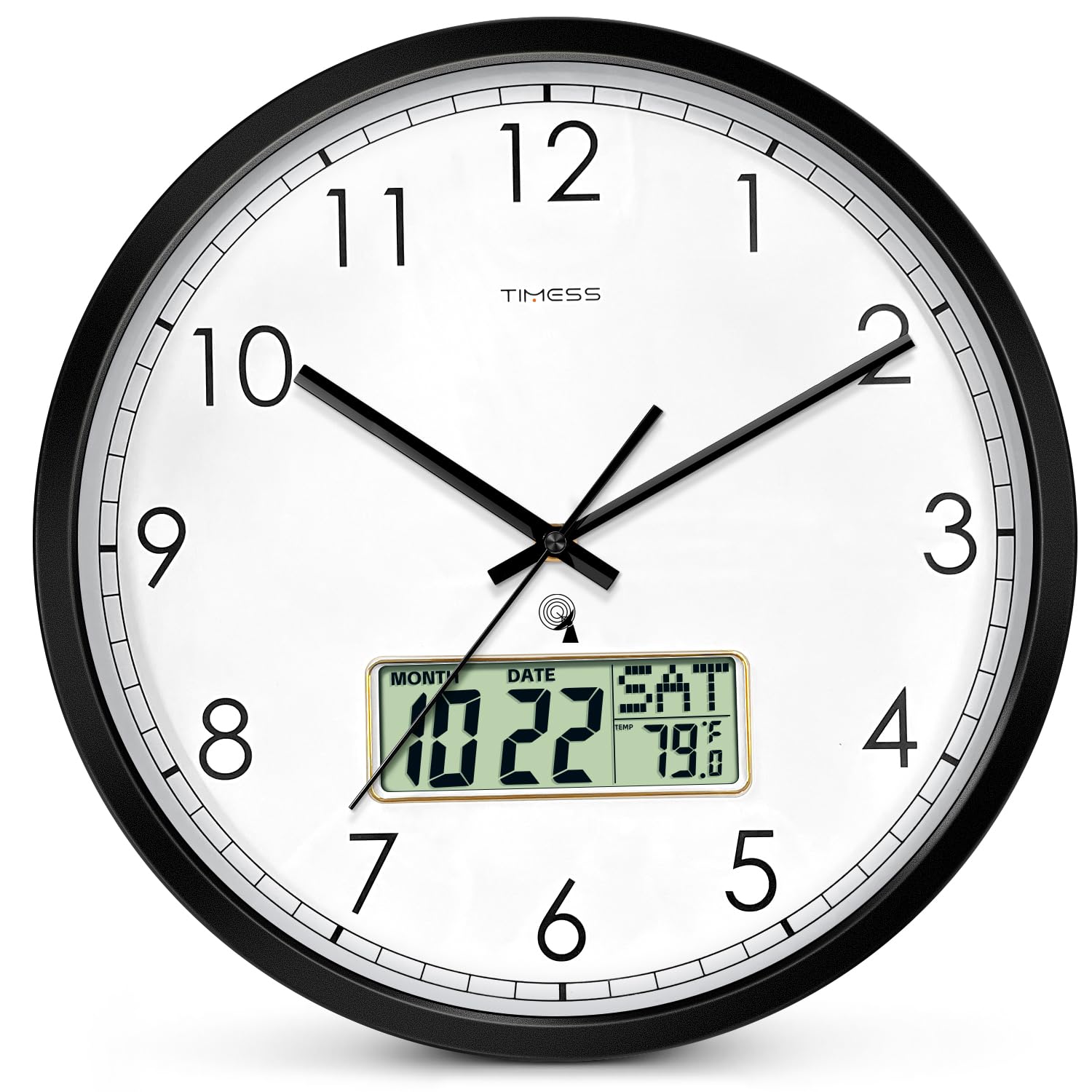 Atomic Analog Wall Clock, WWVB Self-Setting Battery Operated 14" Large Dial Non-Ticking Silent Easy to Read & Use Clock with LCD Display, Ideal Modern Home, Kitchen, Office Décor (Black)