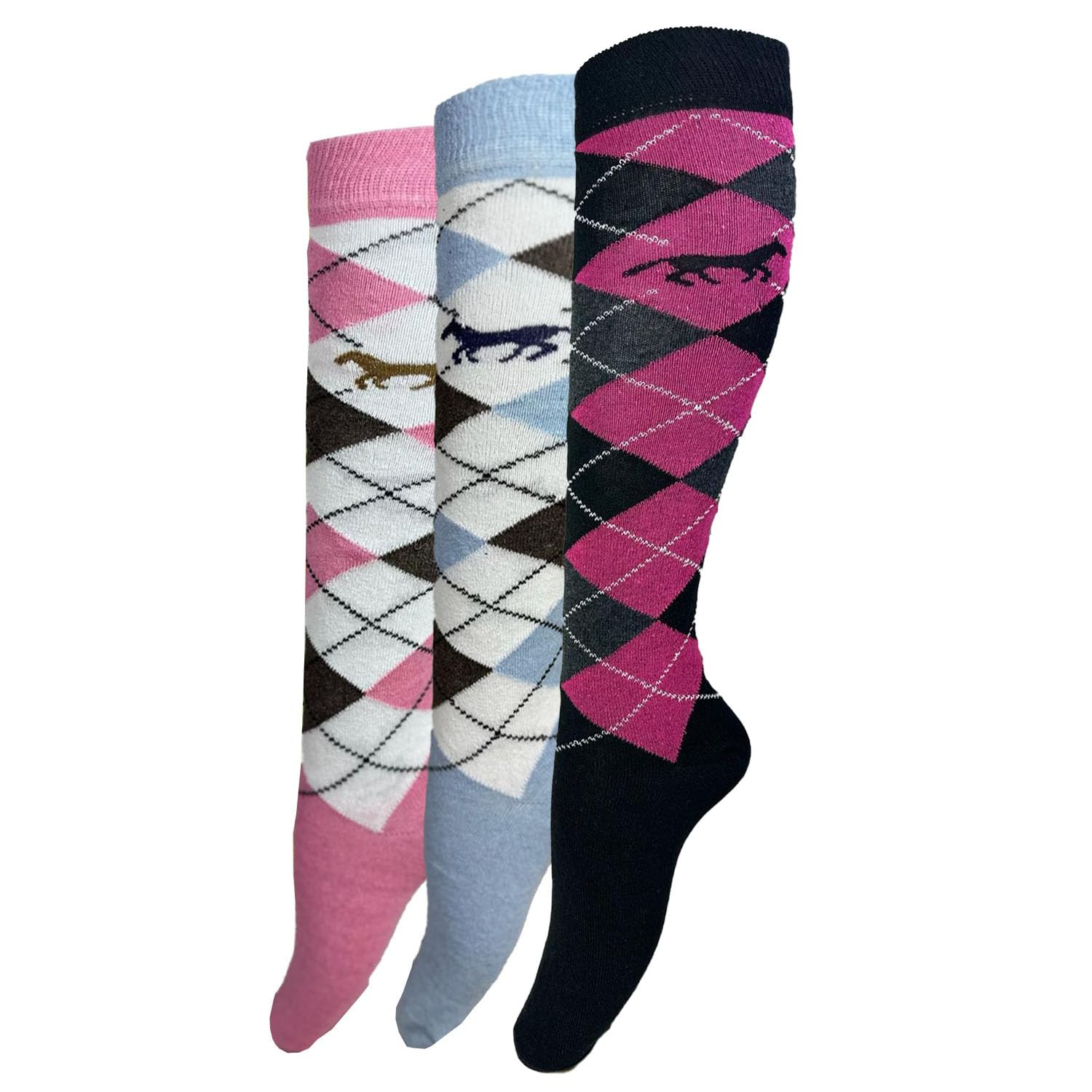 Vearz Women's Assorted (03 Pairs) Horse Design Argyle Socks Knee High Horse Riding Best Socks Uk 4-7 (Assorted (03 Pairs))