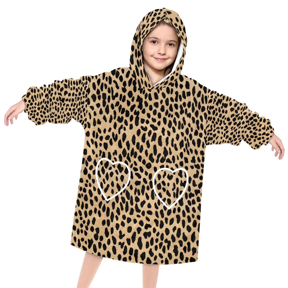 Pardick Wearable Blanket Hoodie for Kids, Knit Leopard Print Fleece Sweatshirt Blanket Oversized Blanket Sweatshirt with Pocket Flannel Warm Hooded Blanket 6-10 Year Old Girl Boy Gift, One Size
