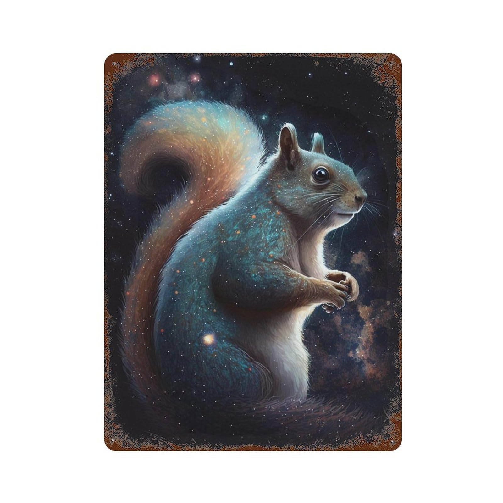 Distressed Metal Wall Sign with Cosmic Squirrel Art Print Design 15.7"x11.8", for Cafe, Home Bar And Lounge Decor, Retro Wall Decor