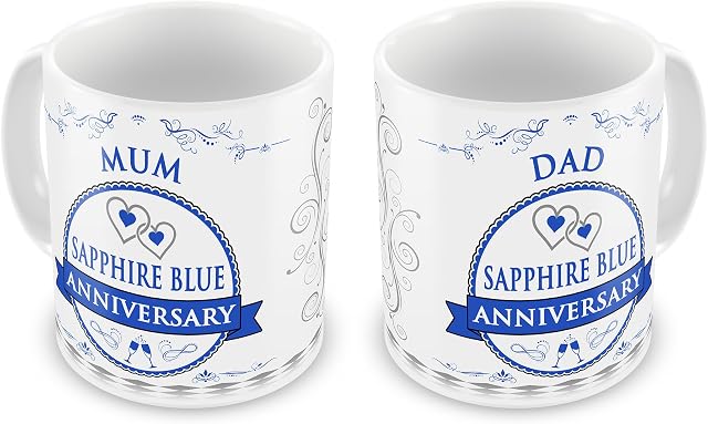 Pair of (65th) Sapphire Blue Anniversary (Mum + Dad) Novelty Gift Mugs - Swirls/Rosette Design
