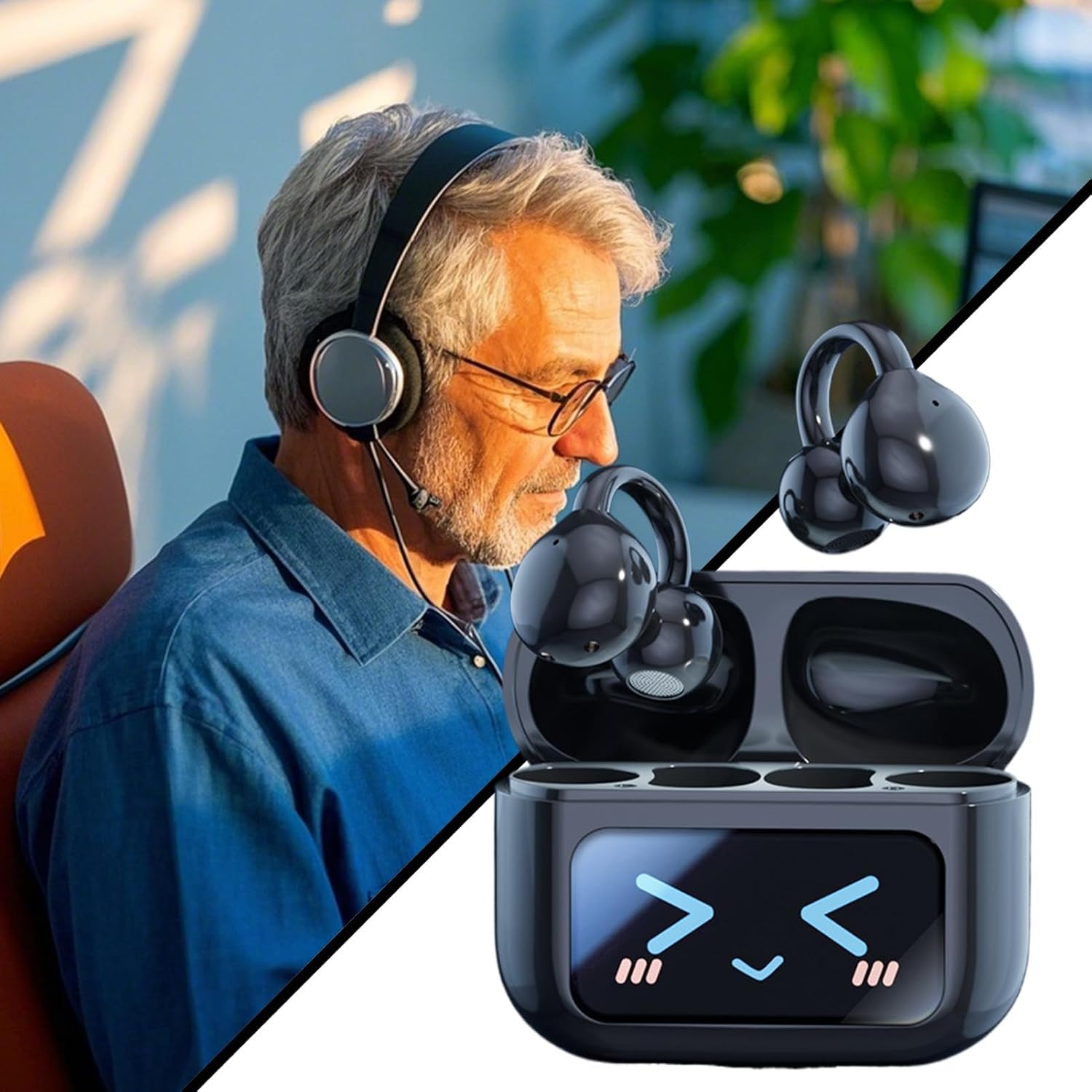 Wireless Earbuds with Screen - Smart Wireless Clip On Headset,Waterproof Sports Earplugs AI Translation Noise-Cancelling Ear Buds for Outdoor Adventures (Black)