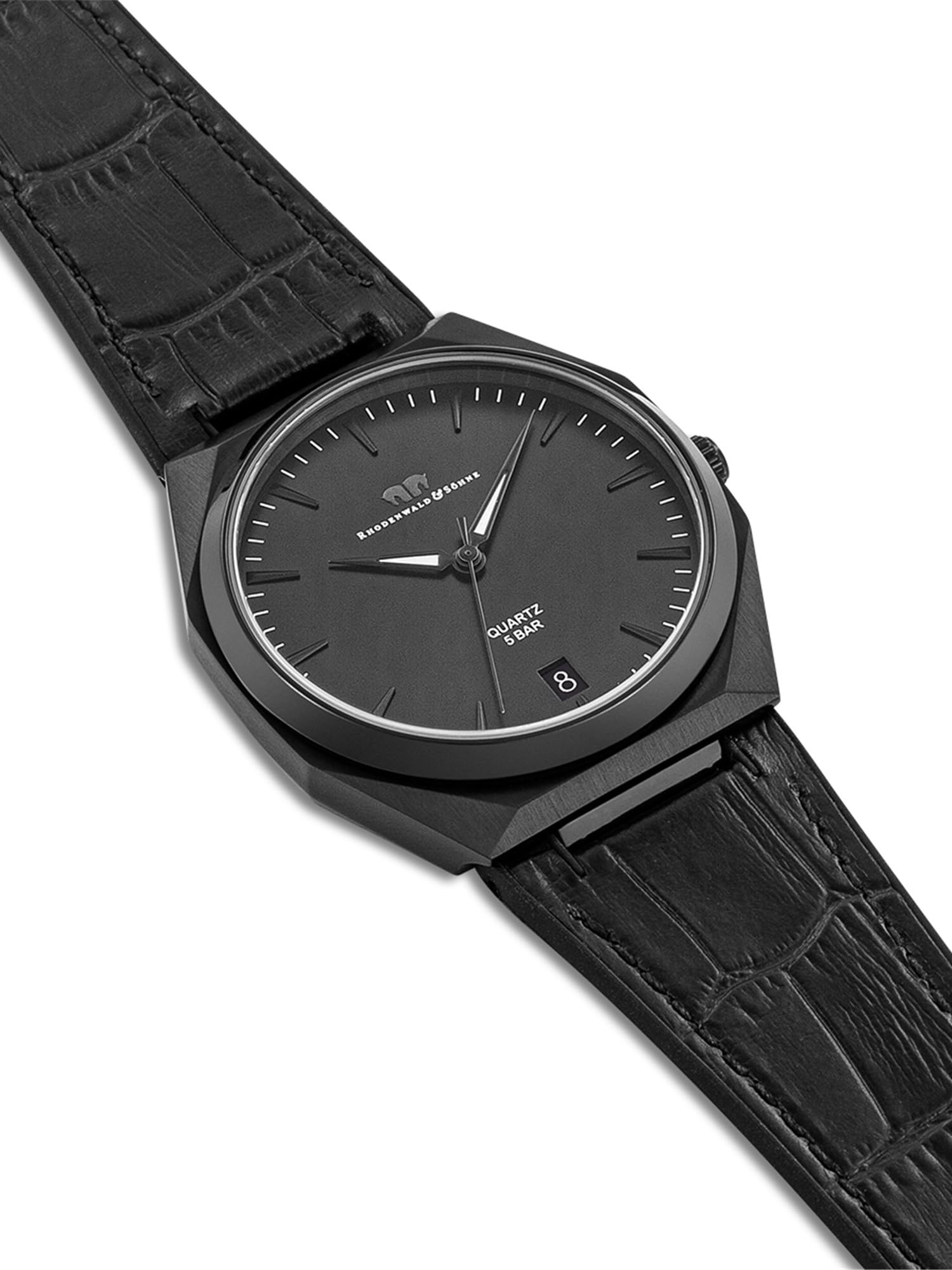 Rhodenwald & Söhne Herren Uhr Edelstahl schwarz Quarzwerk 5 ATM | Echtleder/Silikon Armband, schwarz, Krokodil (Prägung), Zifferblatt schwarz, Mineralglas, Armbanduhr