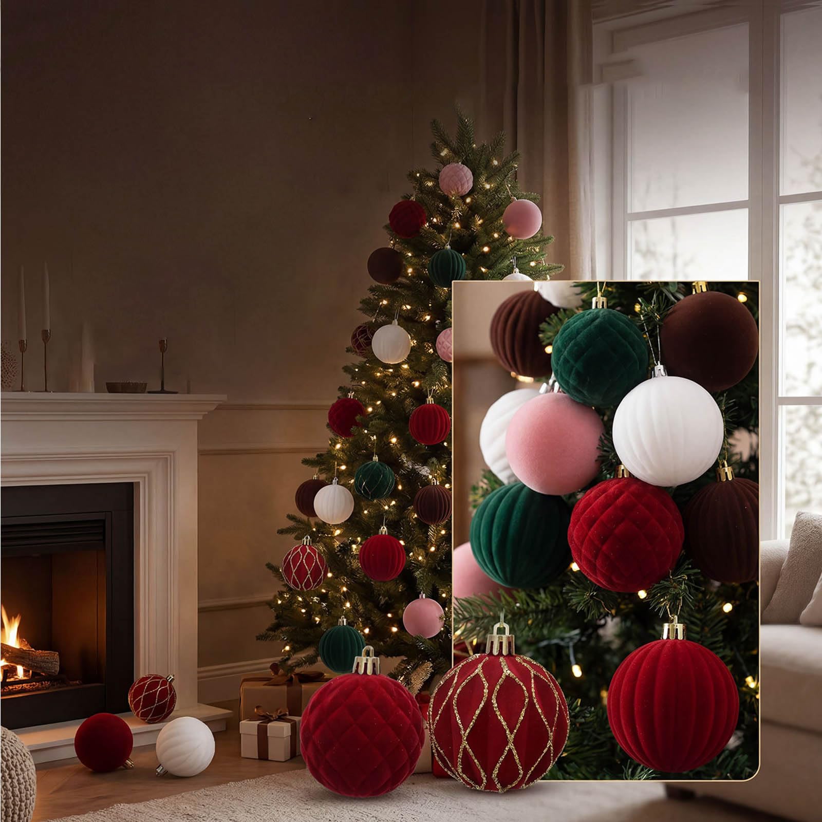 24 Stück glitzernde, samtige Weihnachtskugel Ornamente, bruchsichere Weihnachtskugeln aus Kunststoff für Baumsimse, Türdekoration, Zuhause, Urlaub, Terrasse