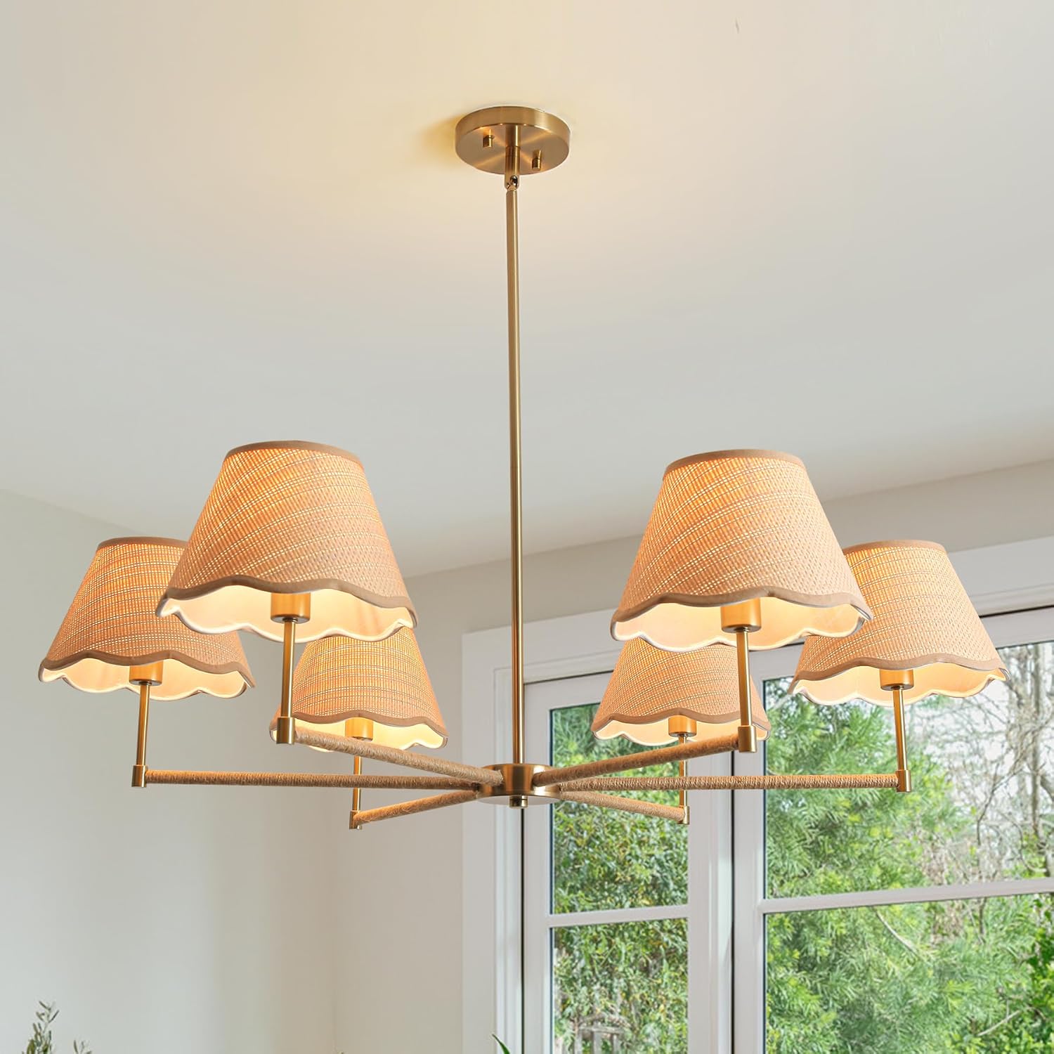 Boho Chandelier,39 Inch Rattan Pendant lights Kitchen Island,Living Room Dinning Room Light Fixture for Ceiling,Large Height Adjustable Farmhouse Chandeliers for Dinning room,Living room,Bedroom,Gold