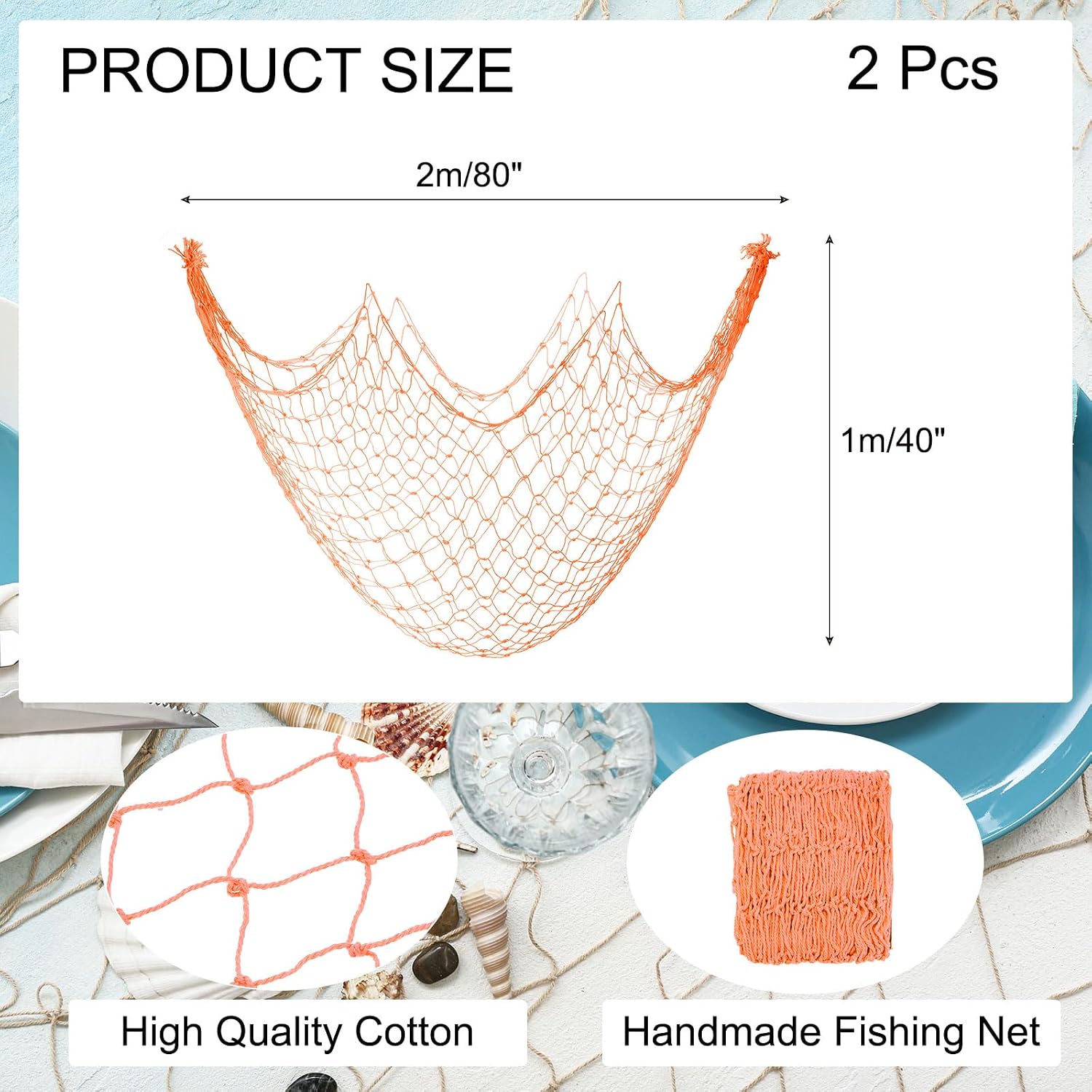 MECCANIXITY 2 Pack Decorative Fishing Net Decor, Orange 80x40 Inch Picture Wall Photo Hanging Cotton Fish Net for Beach Party,Hawaiian Themed Party,Under the Sea Party Decorations