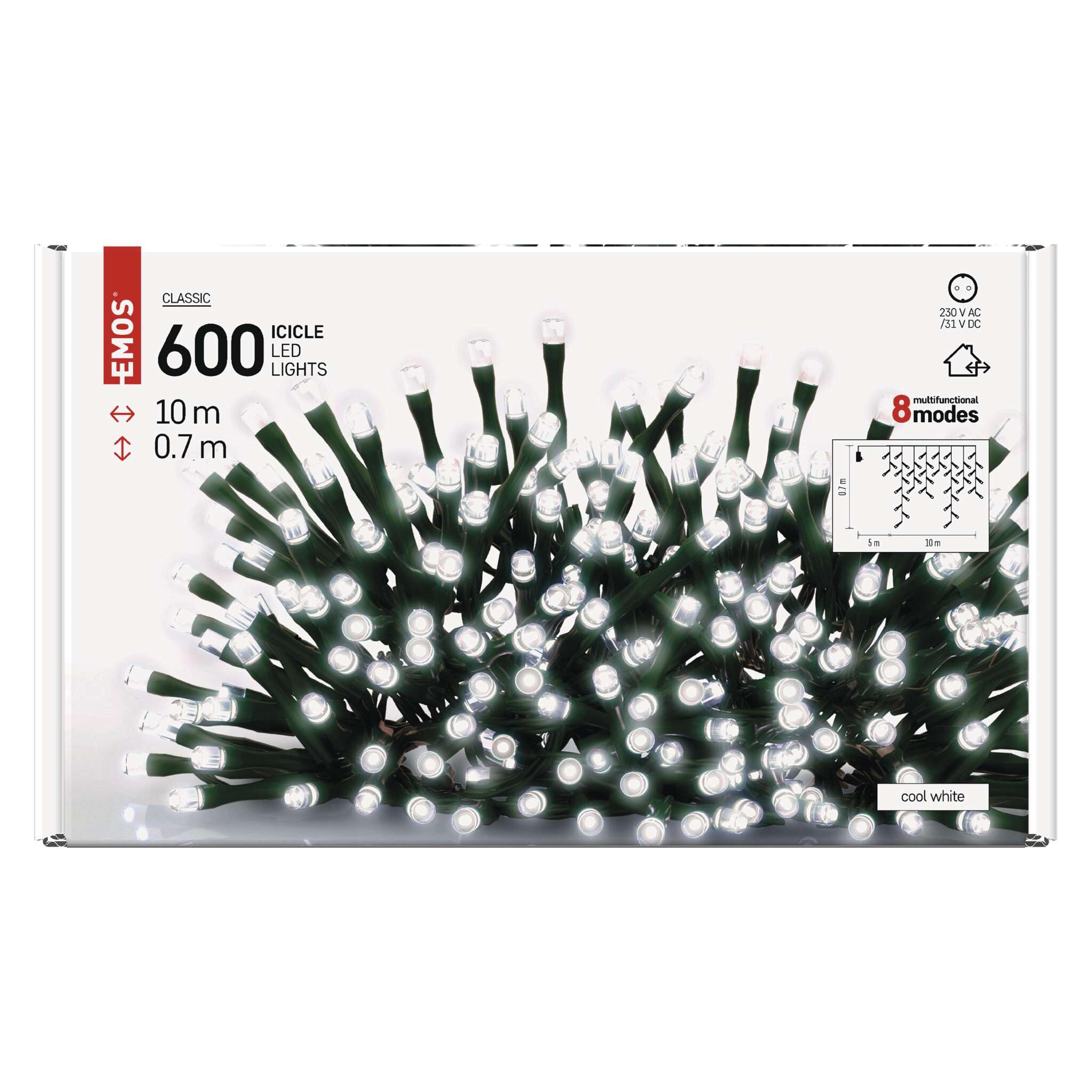 EMOS LED-Eisregen Lichterkette, 10m Weihnachtslichterkette + 5m Zuleitung, 600 LEDs, 8 Lichtmodi, Netzteil mit Timer 6h/18h, IP44 für Innen und Außen, Kaltweiß