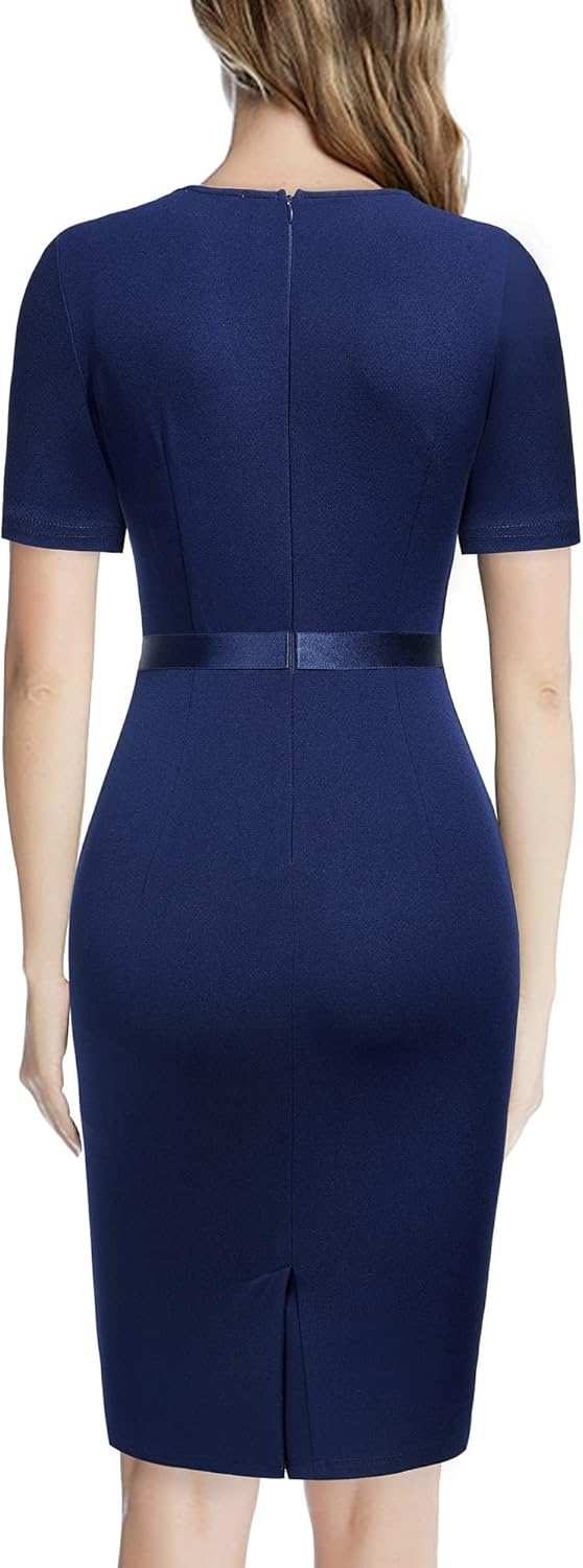 AISIZE Women's Retro Crew Neck Ruffle Ruched Flattering Business Sheath Dress - Image 2