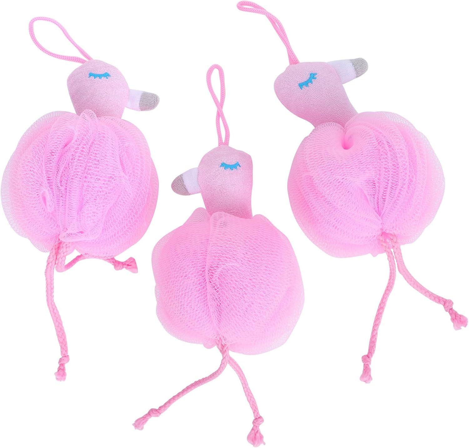 Cabilock Flamingo Bath Shower Balls 3pcs Pink Mesh Poufs Body Wash Sponges Bathing Bubble Making Tools for Adults and Bathroom Accessories