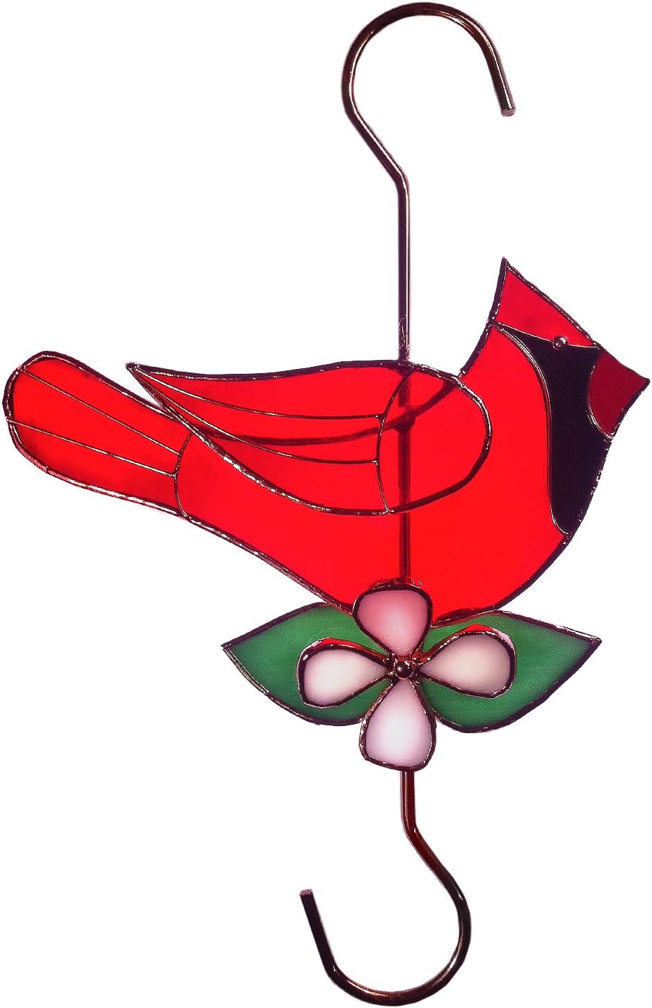 Sunlit Gifts Plant Hanger / Bird Feeder Hook (10-inch Cardinal) - Beautiful Hand Made Stained Glass (with Metal S Hooks) - Ornament Hangers for Hanging Planters, Flower Baskets, Bird Feeders & Houses