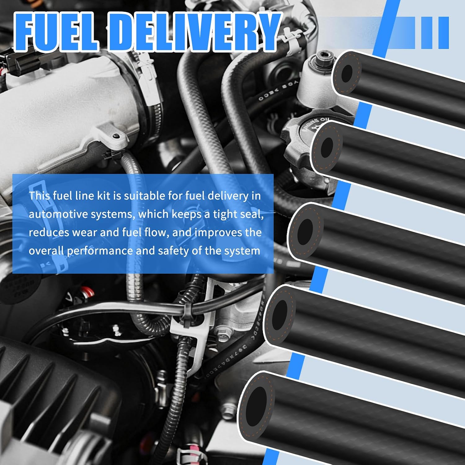 5PCS 3.28Ft Fuel Line Kit with Muti-Size,ID 3/16" 5/16" 3/8" 1/2" 1/4" Fuel Hose Kit with 20PCS Clamps,Universal Automotive Fuels Line Hose Replacement for Engine Fuels Lines