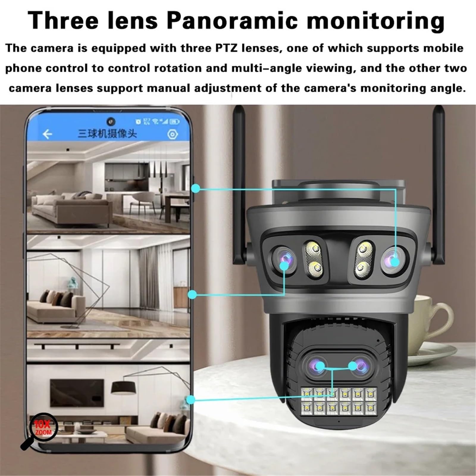 10X Optical Zoom 16MP 4K Outdoor Wireless Security Camera Four Lens WiFi PTZ with Color Night Vision for Home Surveillanc,Spokój ducha zawsze(16MP Add 128G Card)