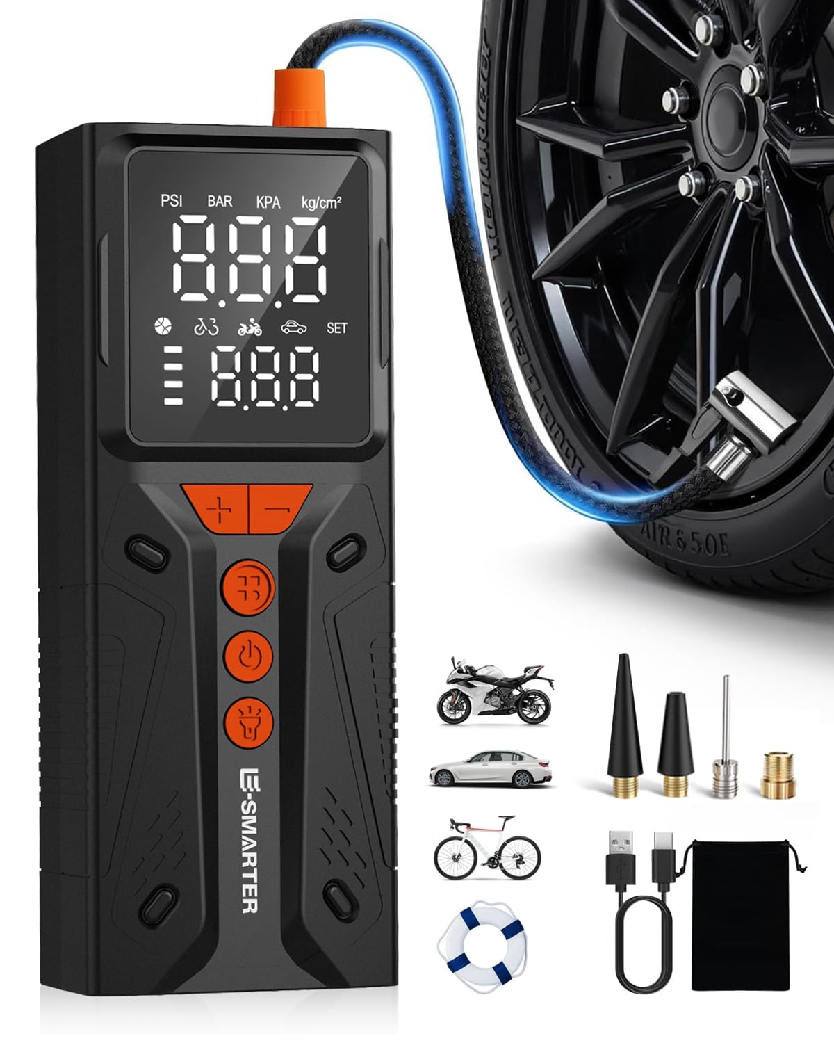 E-Smarter Orange Tyre Inflator Air Compressor, 6000Mah 150 Psi Bike Pump With Overinflate Protection, Fast Inflation Portable Tyre Inflator For Car Lcd Display, Air Pump For Tyres And Other Inflatables,