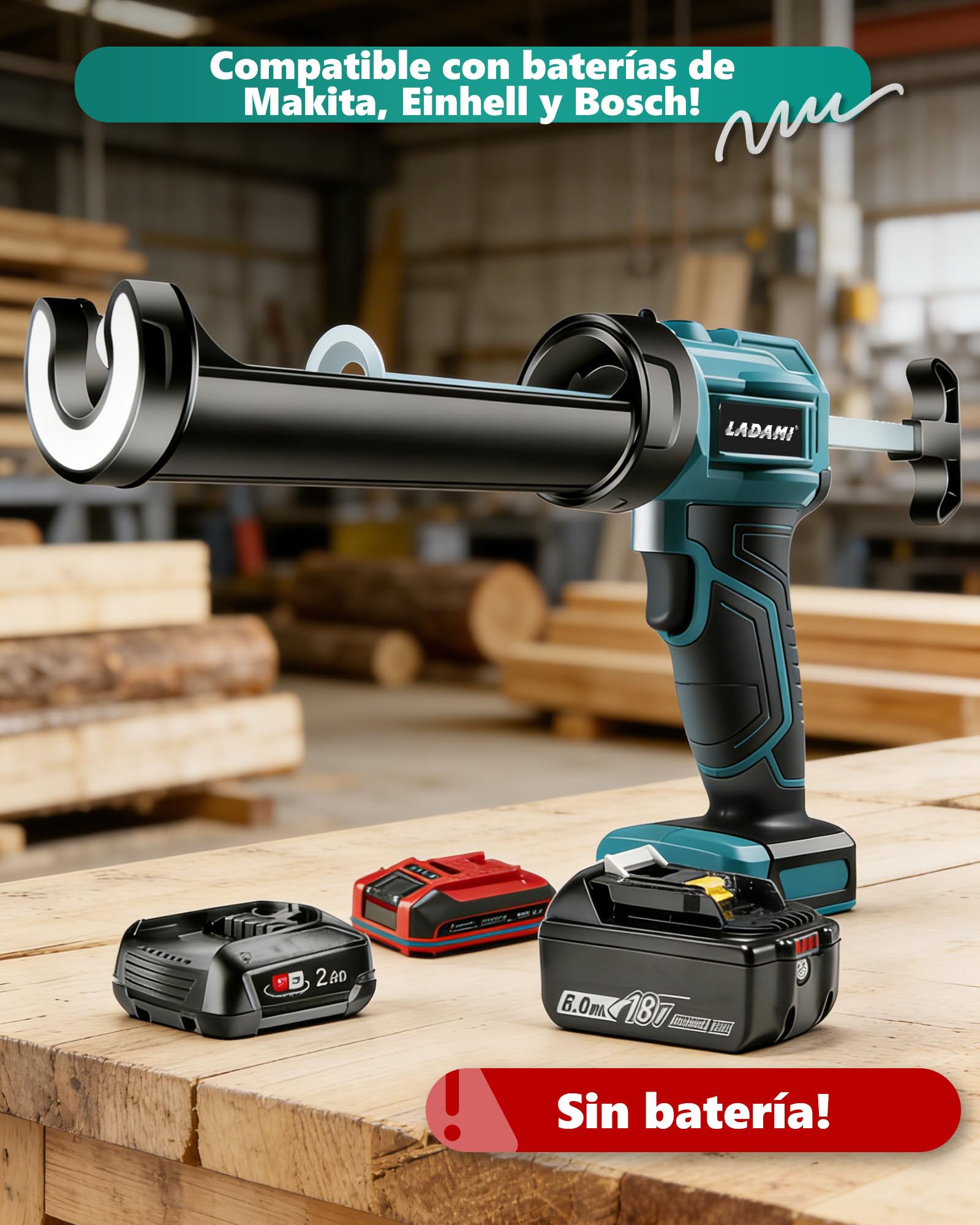 Prensa de cartuchos de batería compatible con Makita de 18 V, para batería Einhell 、para batería Bosch, con luz LED 4 velocidades ajustables, pistola de silicona eléctrica para cartuchos de 300