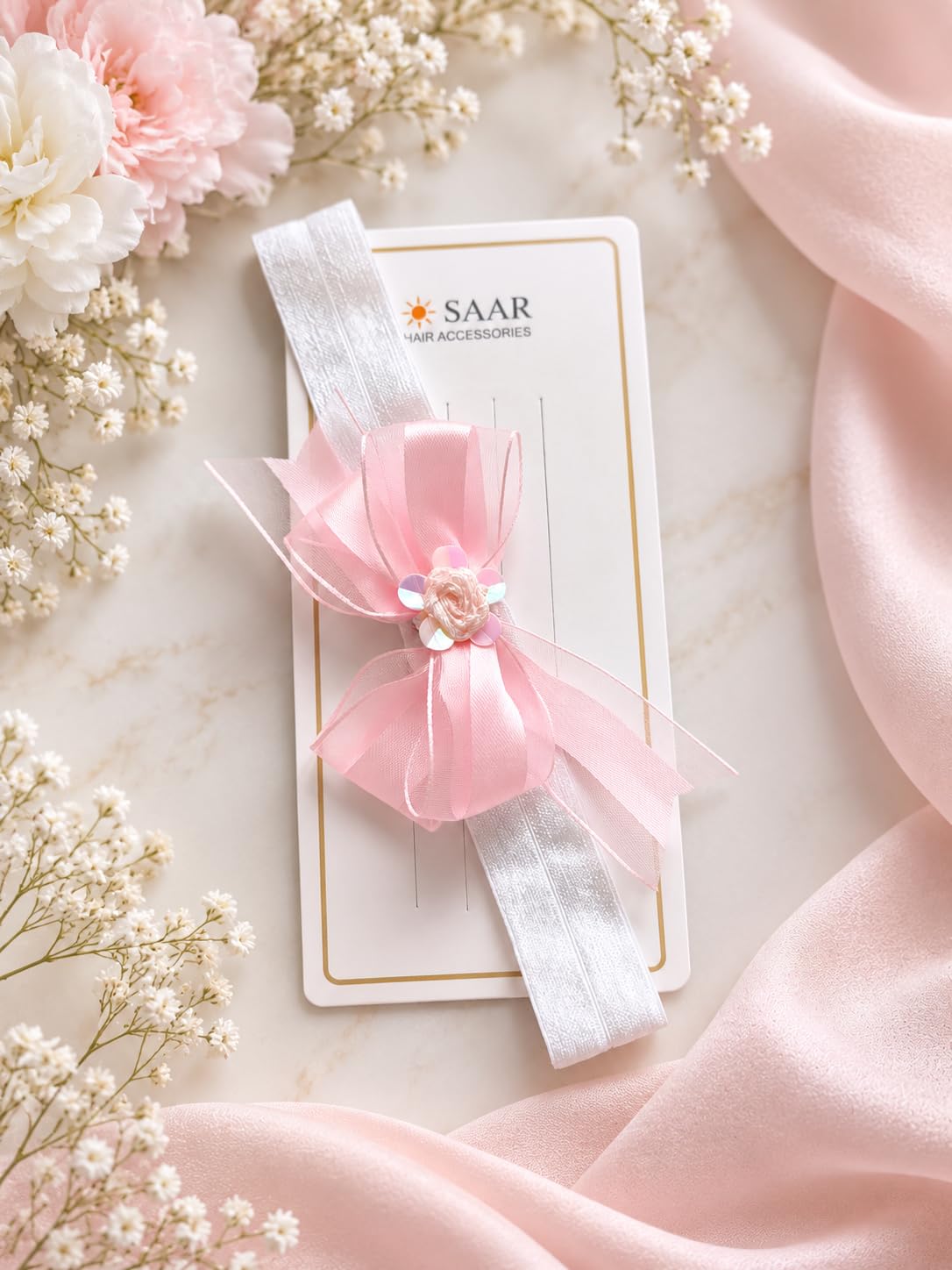 SAARVYA Baby Girl Headband with Pink Organza Bow and Rose Detail | Elastic White Band, Iridescent Sequins, Floral Embellishment, Newborn Hair Accessory, Soft Stretch Fit-image-25