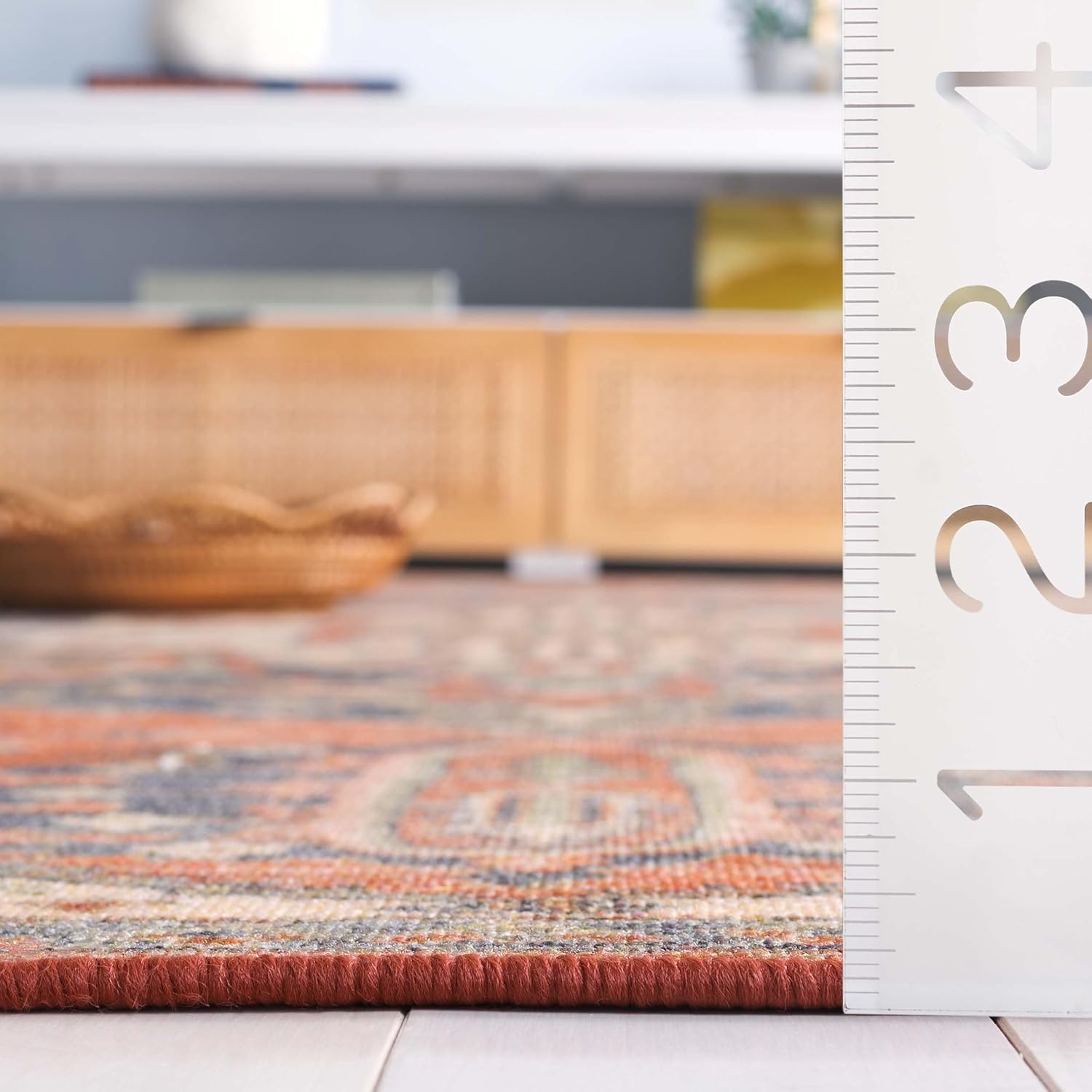SAFAVIEH Washable Rug Journey Collection - 6'7" Square, Rust & Navy, Slip Resistant & Easy Cleaning, Ideal for Living Room, Bedroom, Dining Space (JNY100P)