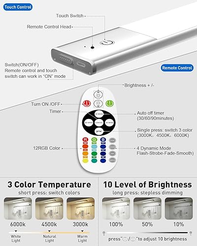 Miniatura 6 de 79-LED Under Cabinet Lighting, 15 Colors Uitra-Thin Closet Lights Rechargeable Wireless Under Counter Lighting with Remote Control, Dimmable RGB