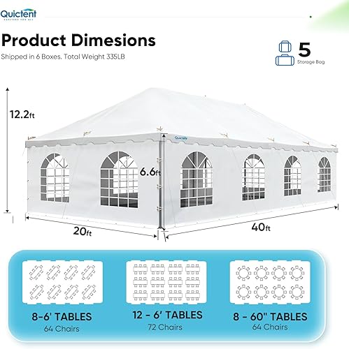 Miniatura 8 de Quictent 20x40 Tienda de campaña ignífuga para fiestas de poste de PVC resistente Vinly Pole Tienda de campaña de fiesta de boda con bolsas