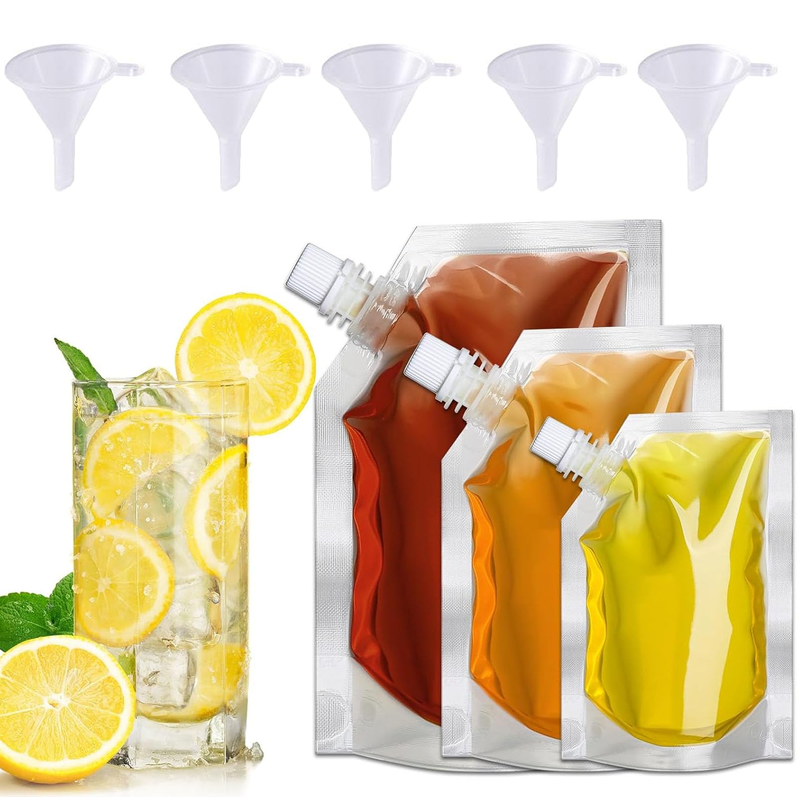 15 Packs Clear Drink Pouches 250/350/500ml with Caps and 5pcs Funnel for Festivals, Leak Proof Alcohol Juice Liquid Pouches, Beverage Bags, Plastic Hip Flask for Parties, Picnic, Travel, Sports