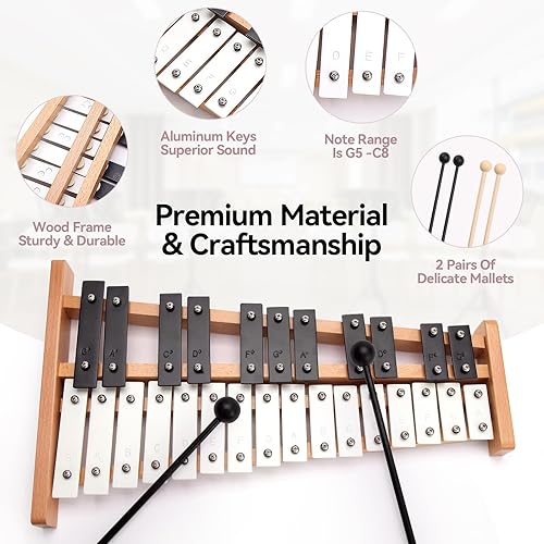 Miniatura 16 de Heuyrao Xilófono Glockenspiel plegable de 30 notas, kit de instrumentos de percusión para adultos y niños, incluye 4 mazos y bolsa de transporte