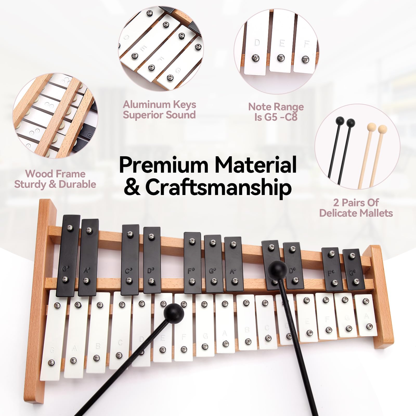 Heuyrao Xilofono pieghevole Glockenspiel 27 note, bianco e nero | Strumento a percussione in legno, 4 mazzuole incluse, borsa per il trasporto inclusa, per adulti e principianti