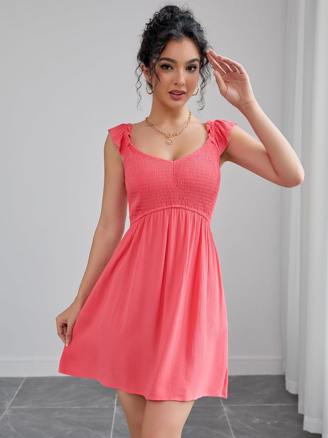 Women's Smocked A-Line Mini Dresses Summer Sleeveless Ruffle Strap Flowy Crinkled Sundress - Image 2