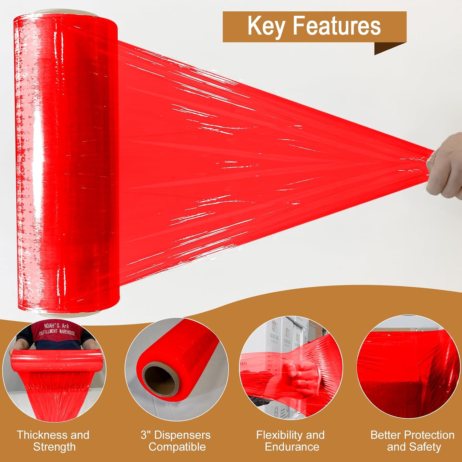 18" x 1500FT Industrial Class Pallet Wrap, 60 Gauge Heavy-Duty Stretch Film, Red, 4 Rolls, for Warehouse Packing, Adhering Packing Moving Packaging