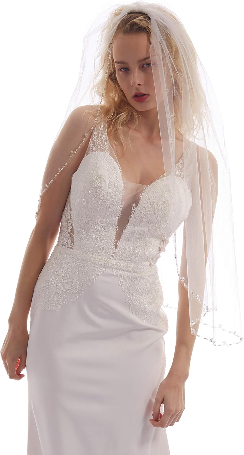 Passat 1Tier Mid Length Delicate Beaded Veils For Brides Ivory Bridal Veils For Wedding Long With Crystals 81
