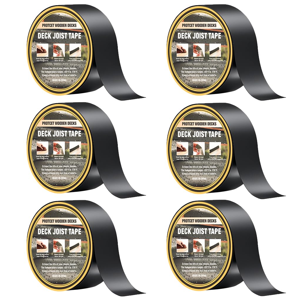 Joist Tape for Decking 2" x 50' - 6 Rolls, Waterproof Tenacious Tape for Joist Protection, Black Butyl Sealant Tape for Deck Framing, Wood Beams, Sheds – 300ft Total, Heavy-Duty Adhesive