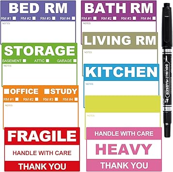 200 Count Removable Home Moving Labels, 3.4 x 2 inches 9 Color Coded Moving Stickers Including Fragile Heavy and Blank Labels with 1 Pen