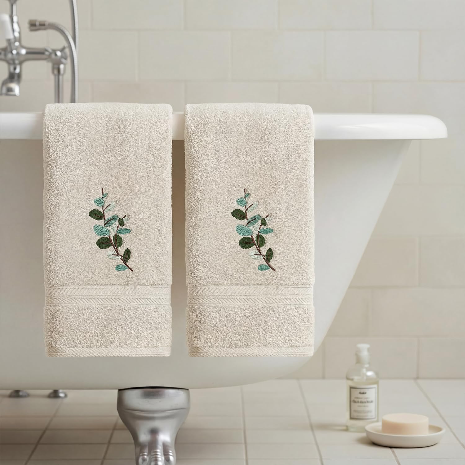 Artoid Mode 2 Pcs Beige Plant Eucalyptus Embroidered Hand Towels for Bathroom, Cotton Soft Absorbent Farmhouse Decor Towels, 13.7 x 29.5 Inch