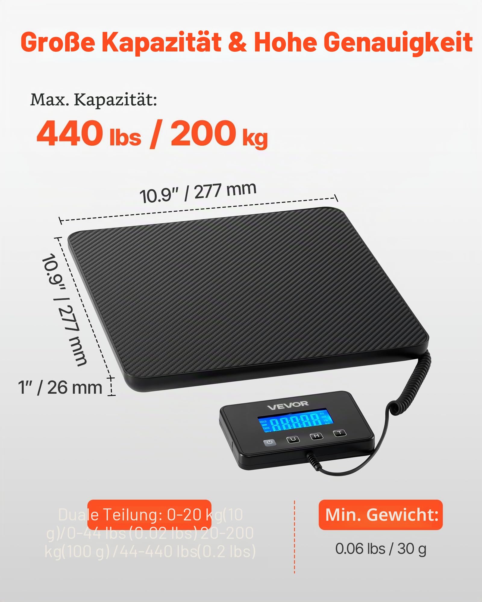 VEVOR Digitale Paketwaage, 10/100g, doppelte Genauigkeit, 200 kg Plattformwaage mit Hold-/Tara-Funktion & LCD-Display, für Pakete, Porto, Gepäck, Batterie & Ladekabel im Lieferumfang enthalten