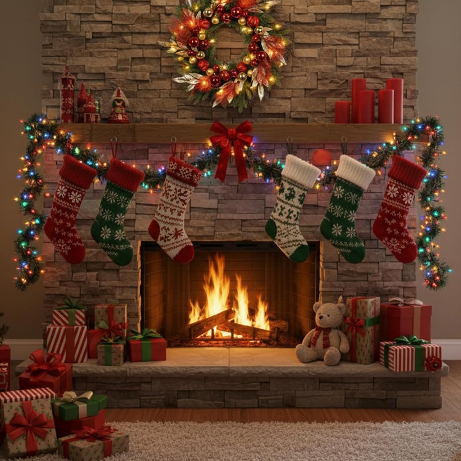 26” Christmas Wreath with Lights Hanger for Front Door Golden Red Balls Gilded Forest Foliage Artificial Evergreen Fir Winter Outdoor Décor Indoor Wall Decorations